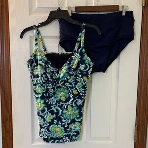 Lands End Navy Blue Floral Print Underwire Tankini Top w/ Navy Blue Bottoms - 12